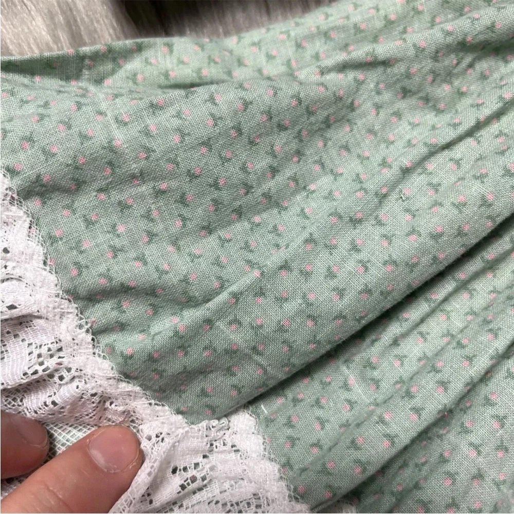Vintage Handmade Green Pink Floral Lace Ruffle Girls Dress Easter
